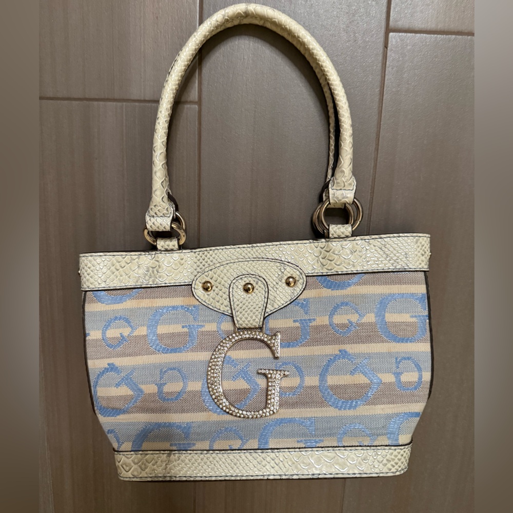 Guess Beige and Blue Monogram Tote Bag